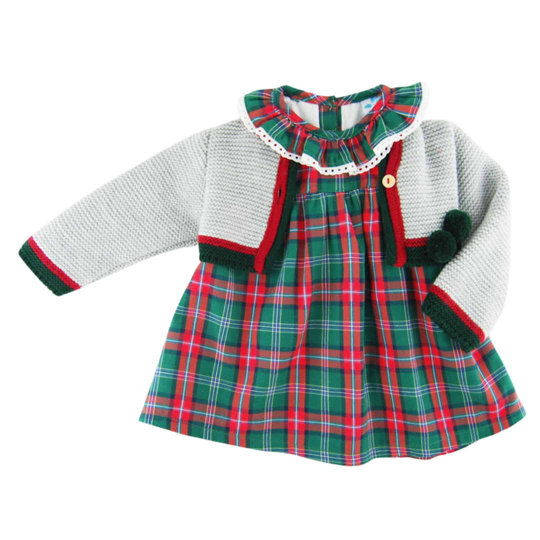 Sardon Baby Girl Knitted Red & Green Gingham Dress & Grey Cardigan