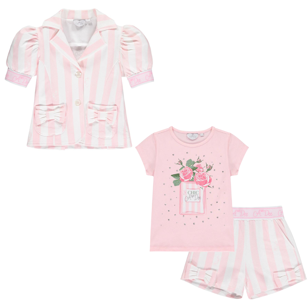 A Dee Girls Three Piece Pink Stripe Short & Blazer Set