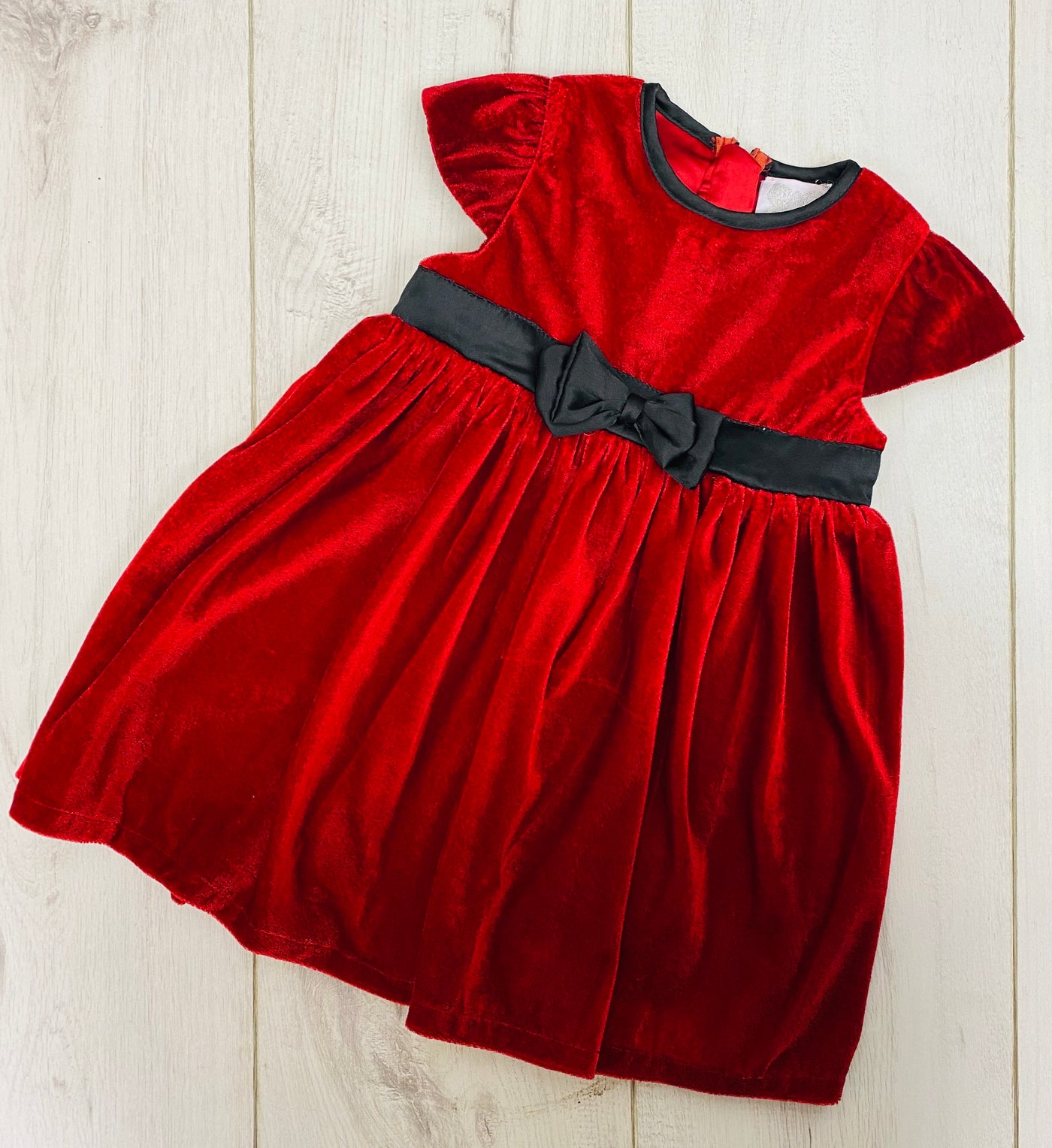 Girls Red Velour Dress with Black Bow detail