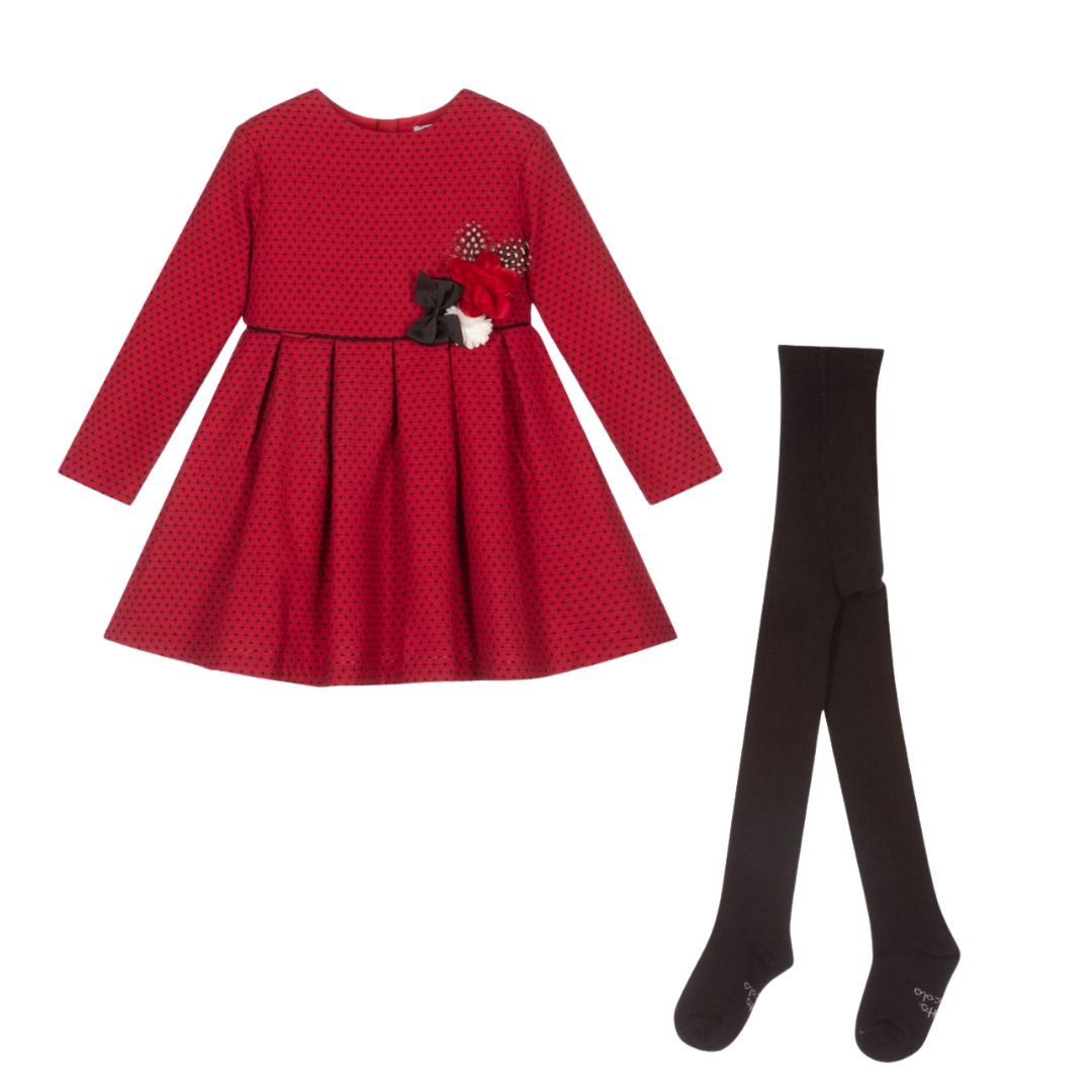 Tutto Piccolo Girls Red Polka Dot Dress & Tights Set